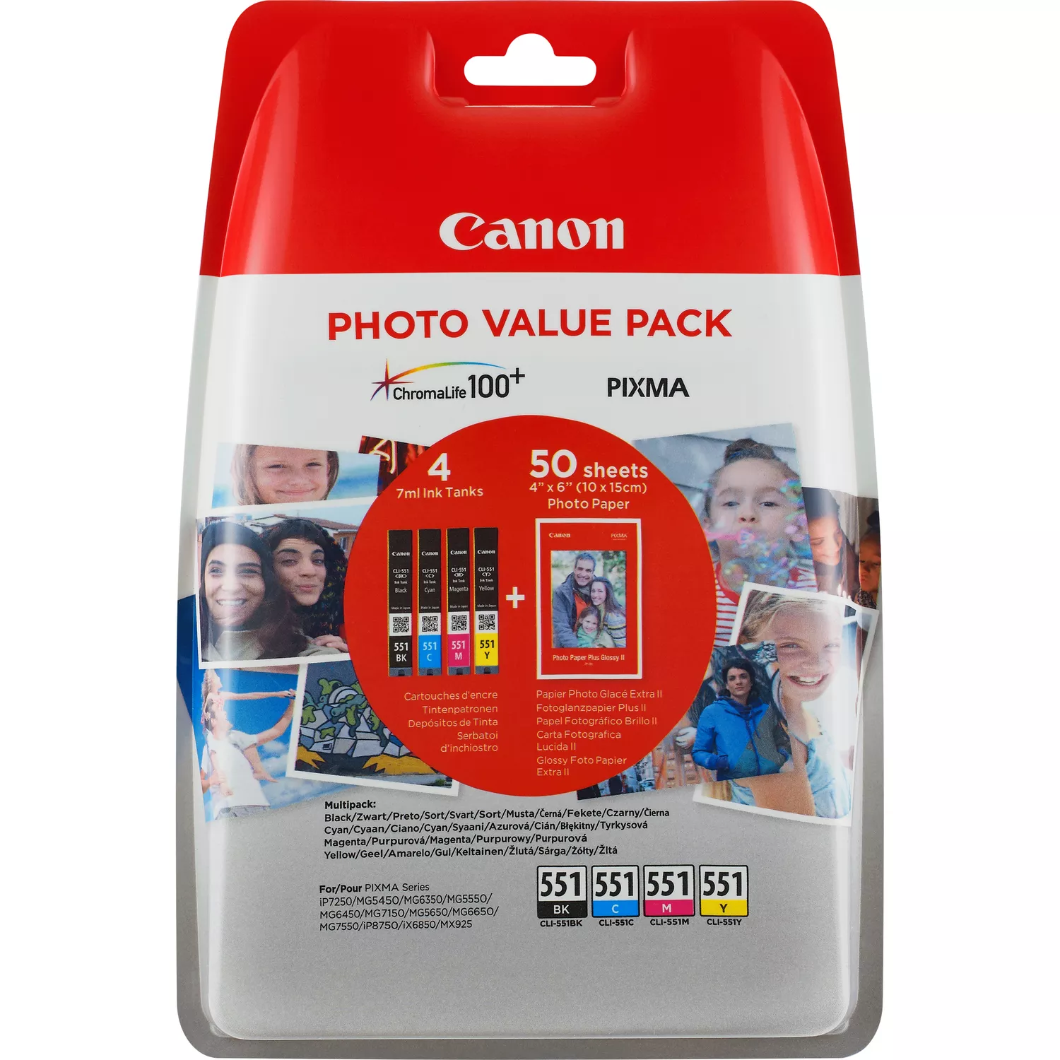 Canon CLI551 Pack de 4 Cartuchos de Tinta Originales - 50 Hojas de Papel Fotografico - 6508B005